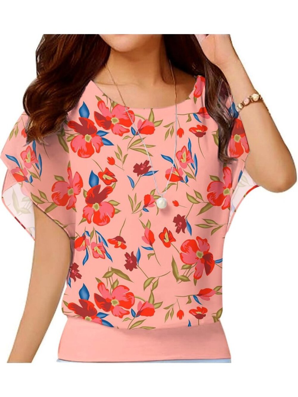 Women's Multi Red Flower Elegant Casual Short Sleeve Chiffon Top T Shirt Blouses